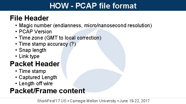 HOW - PCAP file format File Header • • • Magic number (endianness, micro/nanosecond