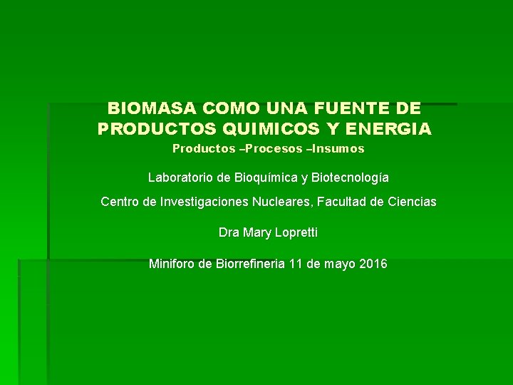 BIOMASA COMO UNA FUENTE DE PRODUCTOS QUIMICOS Y ENERGIA Productos –Procesos –Insumos Laboratorio de