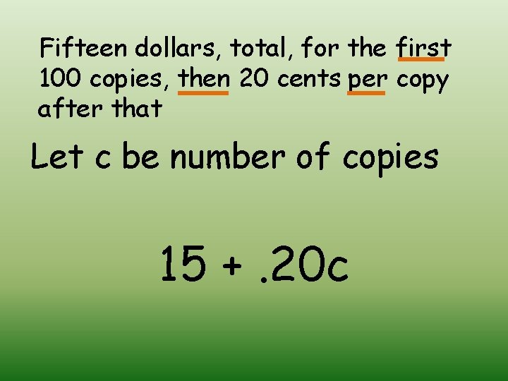 Fifteen dollars, total, for the first 100 copies, then 20 cents per copy after