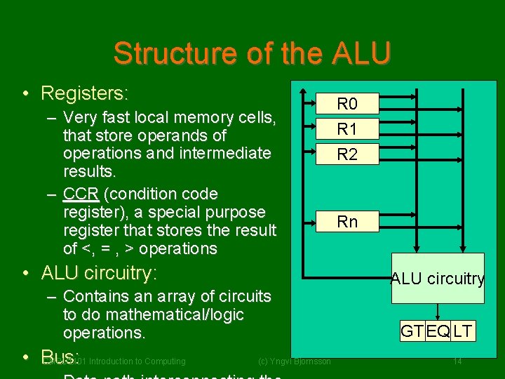 Structure of the ALU • Registers: – Very fast local memory cells, that store