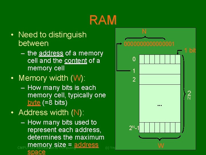 RAM • Need to distinguish between – the address of a memory cell and