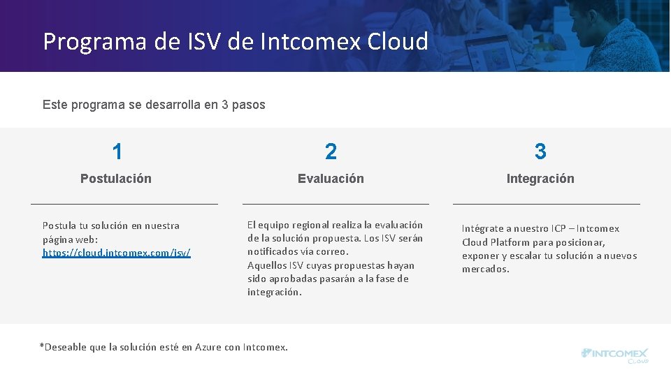 Programa de ISV de Intcomex Cloud Este programa se desarrolla en 3 pasos 1