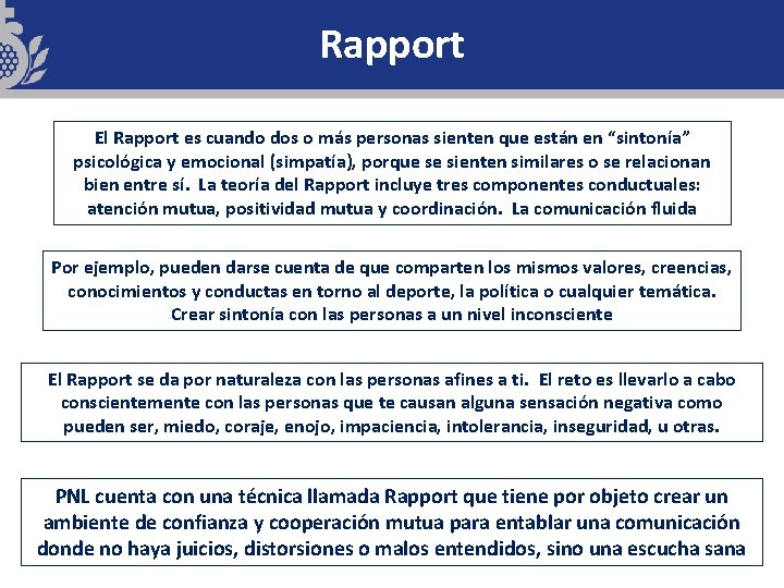 Rapport El Rapport es cuando dos o más personas sienten que están en “sintonía” Rapport El Rapport es cuando dos o más personas sienten que están en “sintonía”