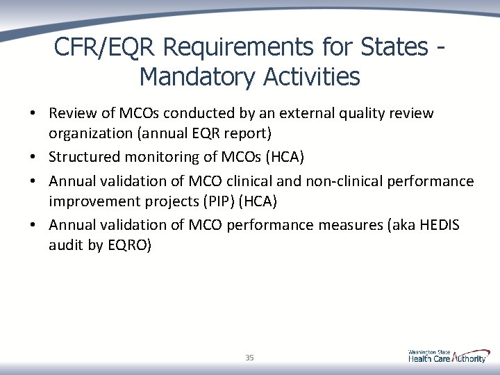 CFR/EQR Requirements for States Mandatory Activities • Review of MCOs conducted by an external