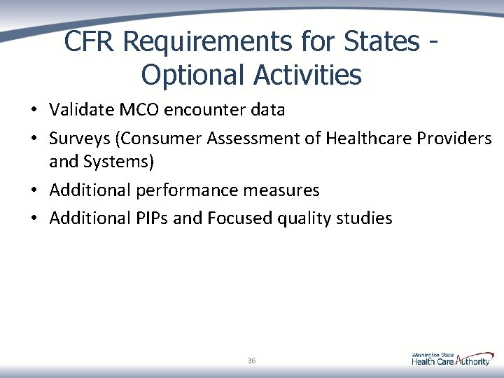 CFR Requirements for States Optional Activities • Validate MCO encounter data • Surveys (Consumer