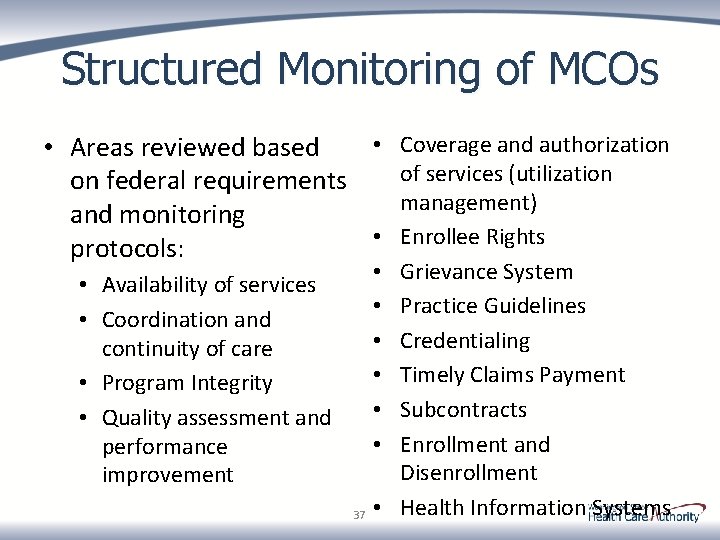 Structured Monitoring of MCOs • Coverage and authorization • Areas reviewed based of services