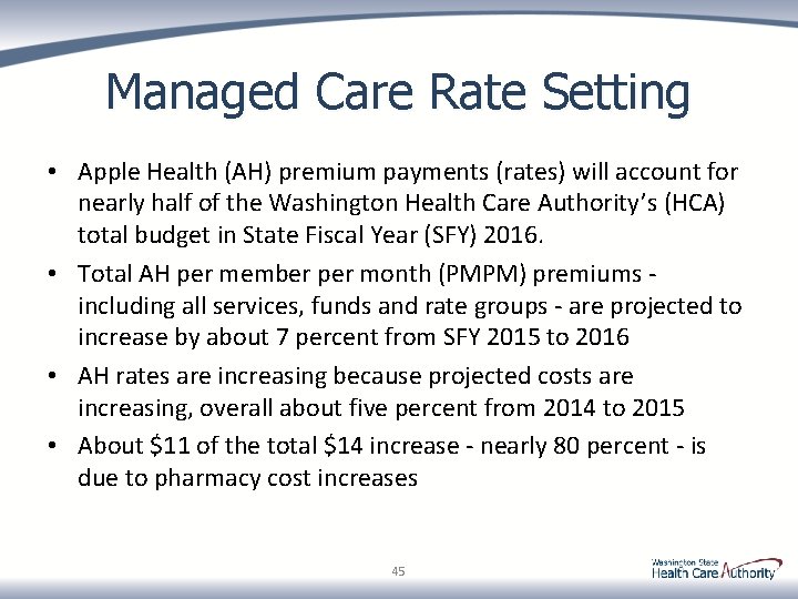 Managed Care Rate Setting • Apple Health (AH) premium payments (rates) will account for