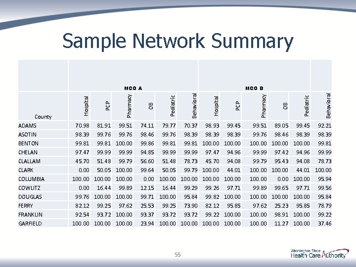 Sample Network Summary 55 Behavioral Pediatric 99. 45 98. 39 100. 00 94. 96