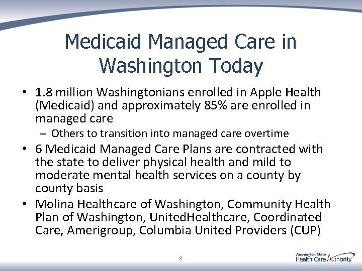 Medicaid Managed Care in Washington Today • 1. 8 million Washingtonians enrolled in Apple