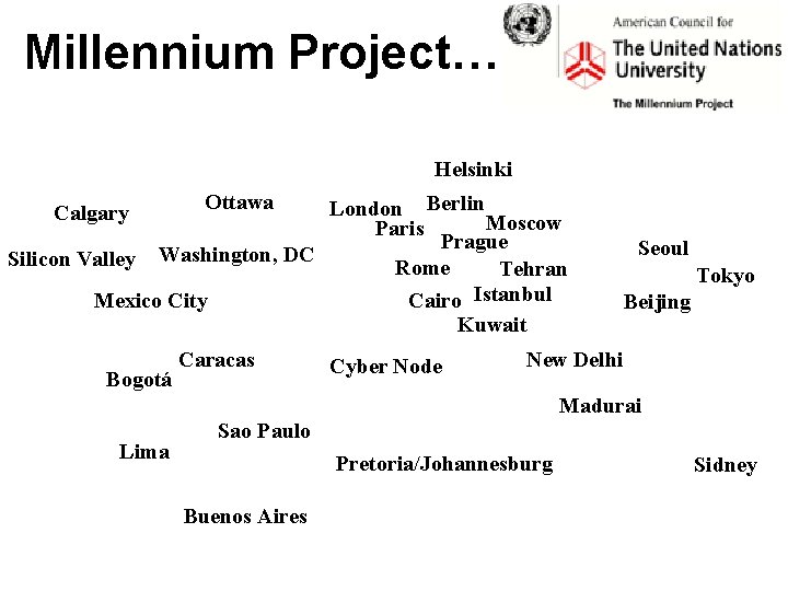 Millennium Project… Helsinki Ottawa London Berlin Moscow Paris Prague Washington, DC Silicon Valley Rome