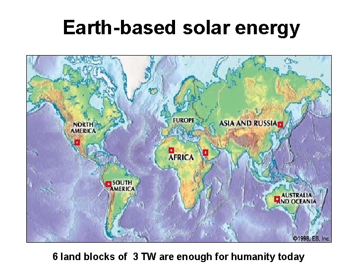 Earth-based solar energy 6 land blocks of 3 TW are enough for humanity today