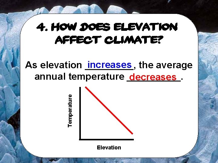 4. How does elevation affect climate? Temperature increases the average As elevation _____, annual