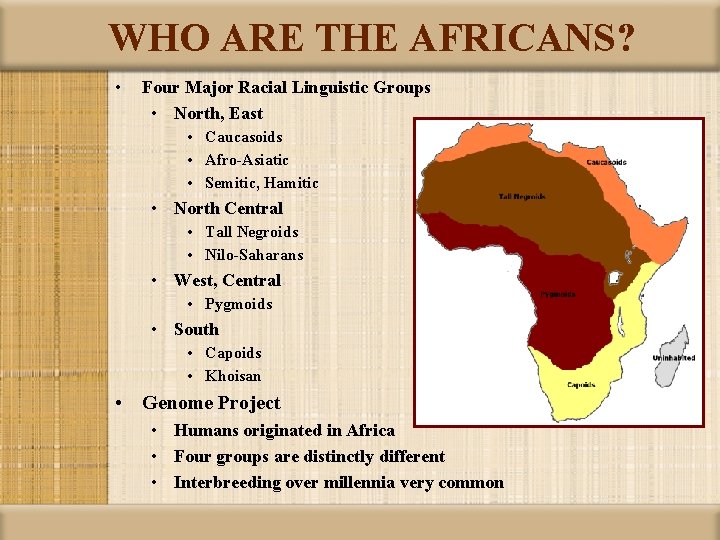 WHO ARE THE AFRICANS? • Four Major Racial Linguistic Groups • North, East •