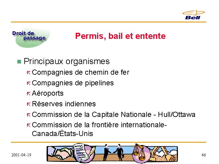 Permis, bail et entente n Principaux organismes ã Compagnies de chemin de fer ã