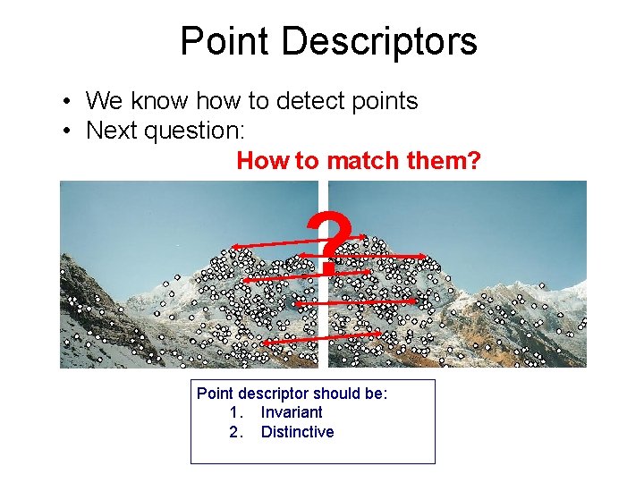 Point Descriptors • We know how to detect points • Next question: How to