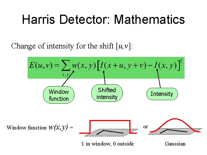 Harris Detector: Mathematics Change of intensity for the shift [u, v]: Window function Shifted