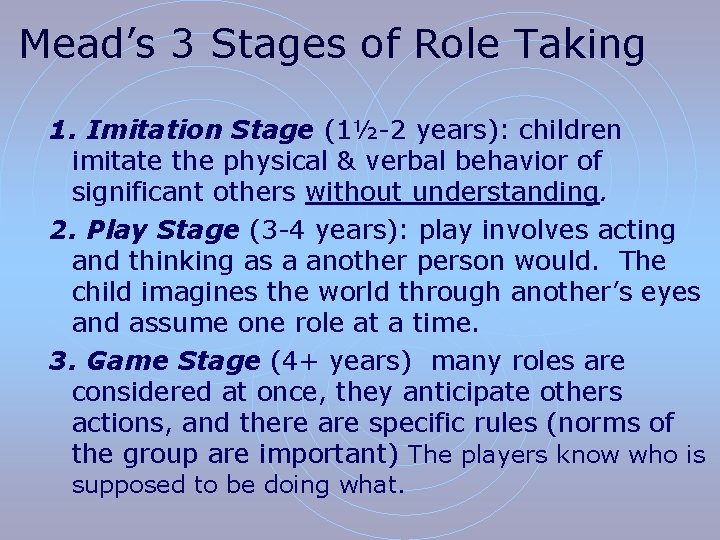 Mead’s 3 Stages of Role Taking 1. Imitation Stage (1½-2 years): children imitate the