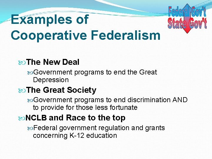 Examples of Cooperative Federalism The New Deal Government programs to end the Great Depression