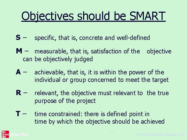 Objectives should be SMART S– specific, that is, concrete and well-defined M – measurable,