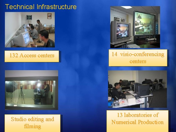 Technical Infrastructure 132 Access centers Studio editing and filming 14 visio-conferencing centers 13 laboratories