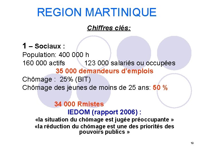 REGION MARTINIQUE Chiffres clés: 1 – Sociaux : Population: 400 000 h 160 000