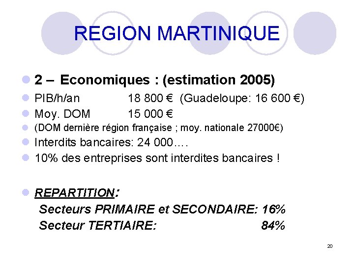 REGION MARTINIQUE l 2 – Economiques : (estimation 2005) l PIB/h/an l Moy. DOM