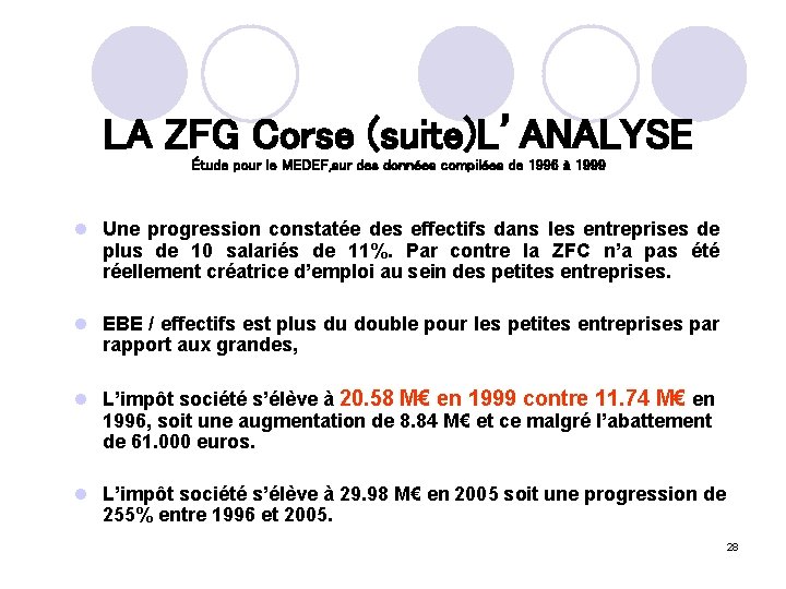 LA ZFG Corse (suite)L’ANALYSE Étude pour le MEDEF, sur des données compilées de 1996
