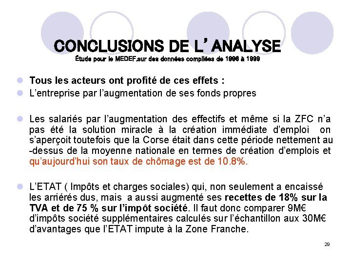 CONCLUSIONS DE L’ANALYSE Étude pour le MEDEF, sur des données compilées de 1996 à