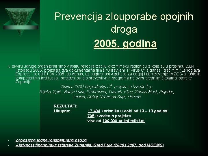 Prevencija zlouporabe opojnih droga 2005. godina U okviru udruge organizirali smo vlastitu resocijalizaciju kroz