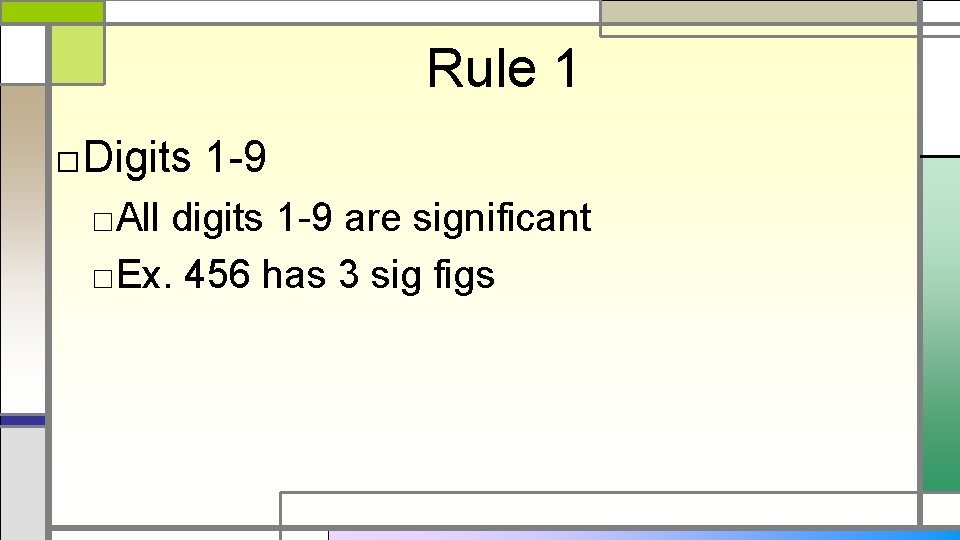 Rule 1 □Digits 1 -9 □All digits 1 -9 are significant □Ex. 456 has