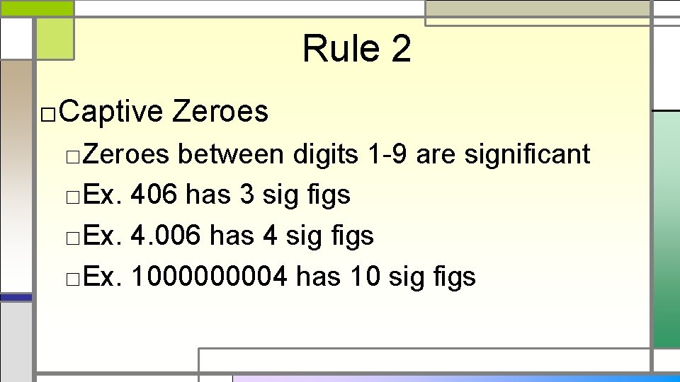 Rule 2 □Captive Zeroes □Zeroes between digits 1 -9 are significant □Ex. 406 has