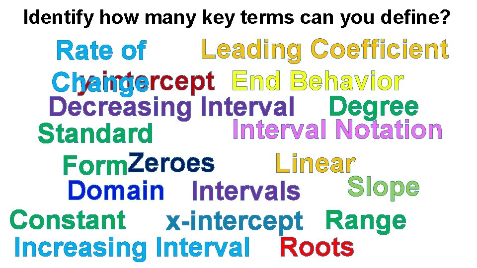 Identify how many key terms can you define? Leading Coefficient Rate of y-intercept End