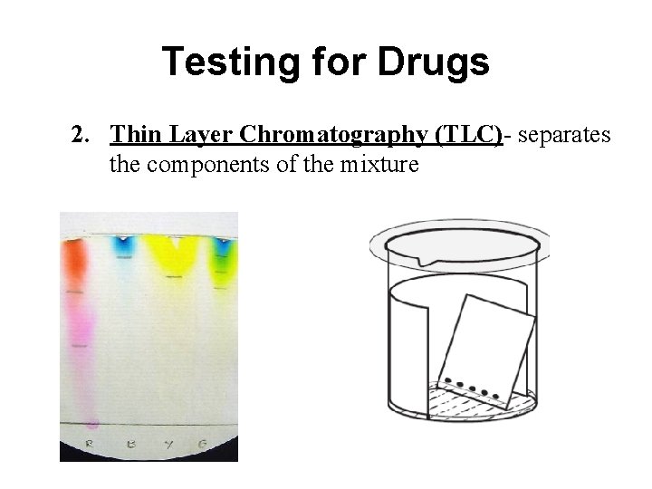 Testing for Drugs 2. Thin Layer Chromatography (TLC)- separates the components of the mixture Testing for Drugs 2. Thin Layer Chromatography (TLC)- separates the components of the mixture