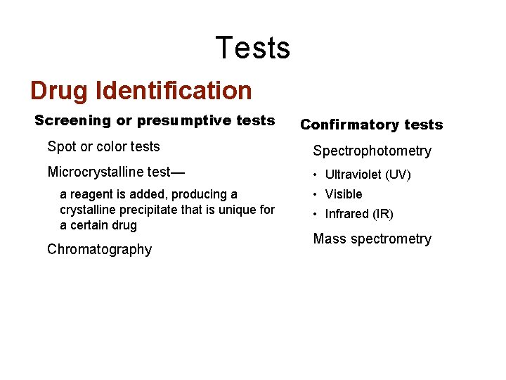 Tests Drug Identification Screening or presumptive tests Confirmatory tests Spot or color tests Spectrophotometry Tests Drug Identification Screening or presumptive tests Confirmatory tests Spot or color tests Spectrophotometry