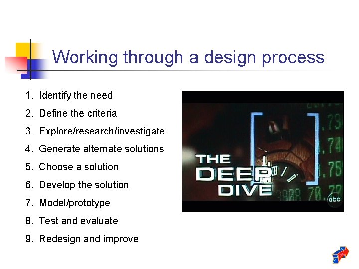 Working through a design process 1. Identify the need 2. Define the criteria 3.