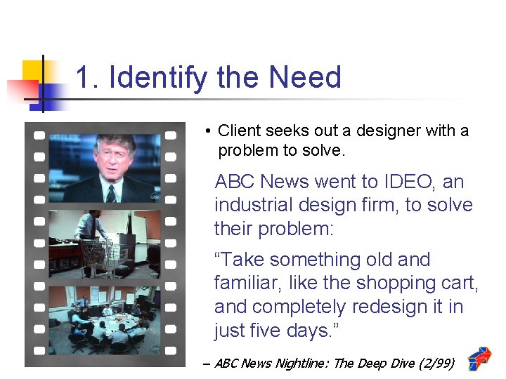 1. Identify the Need • Client seeks out a designer with a problem to