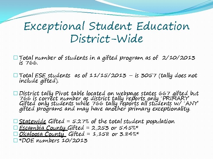 Exceptional Student Education District-Wide � Total number of students in a gifted program as