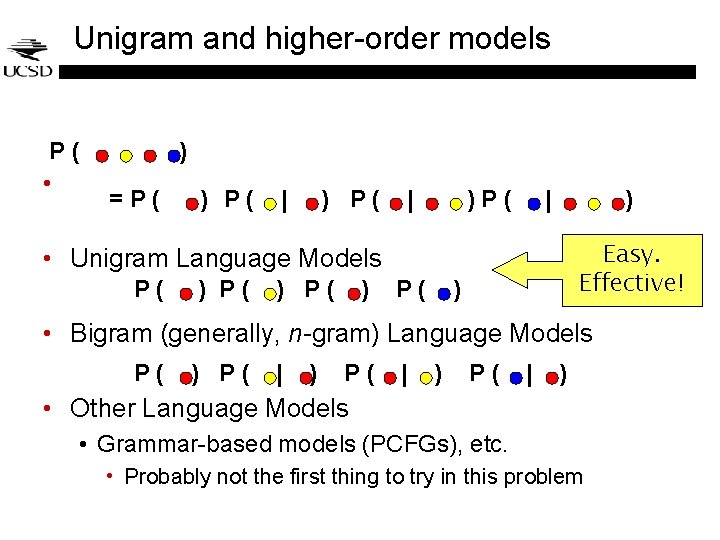 Unigram and higher-order models P( • ) =P( ) P( | )P( | ) Unigram and higher-order models P( • ) =P( ) P( | )P( | )