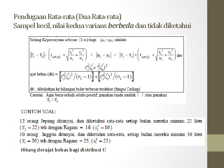 Pendugaan Rata-rata (Dua Rata-rata) Sampel kecil, nilai kedua varians berbeda dan tidak diketahui CONTOH