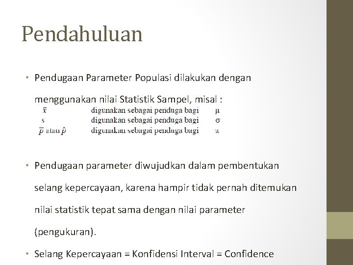 Pendahuluan • Pendugaan Parameter Populasi dilakukan dengan menggunakan nilai Statistik Sampel, misal : •