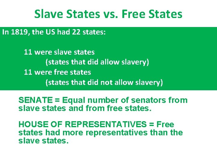 Slave States vs. Free States In 1819, the US had 22 states: 11 were