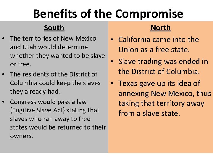 Benefits of the Compromise South North • The territories of New Mexico • California