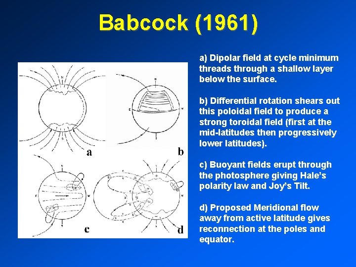 Babcock (1961) a) Dipolar field at cycle minimum threads through a shallow layer below