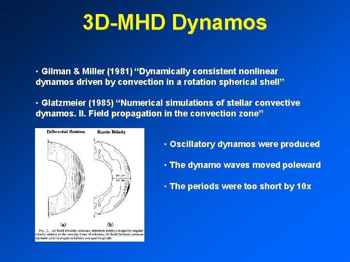 3 D-MHD Dynamos • Gilman & Miller (1981) “Dynamically consistent nonlinear dynamos driven by