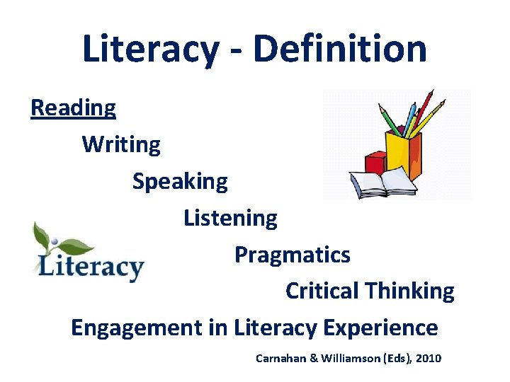 Literacy - Definition Reading Writing Speaking Listening Pragmatics Critical Thinking Engagement in Literacy Experience