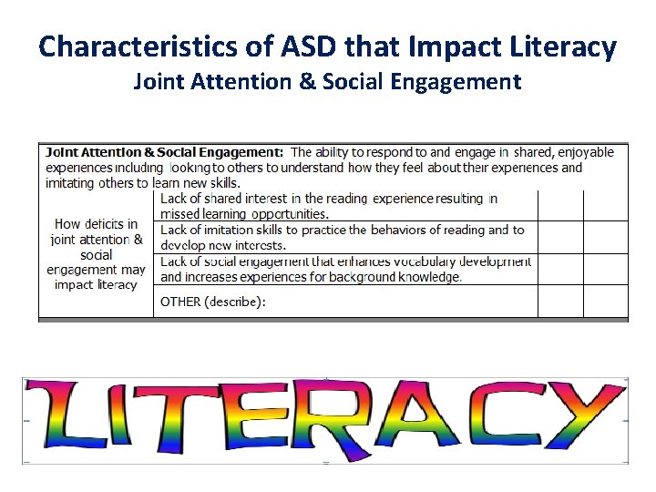 Characteristics of ASD that Impact Literacy Joint Attention & Social Engagement 