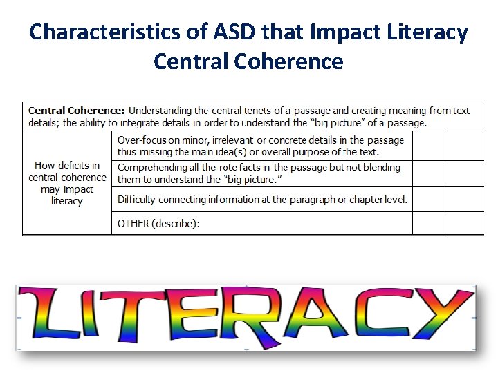 Characteristics of ASD that Impact Literacy Central Coherence 
