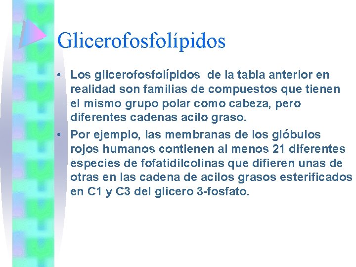 Glicerofosfolípidos • Los glicerofosfolípidos de la tabla anterior en realidad son familias de compuestos