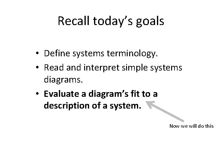 Recall today’s goals • Define systems terminology. • Read and interpret simple systems diagrams.