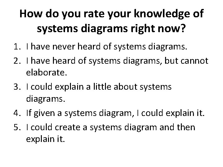How do you rate your knowledge of systems diagrams right now? 1. I have